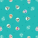 Small Things Sugar Skulls on Turquoise Cotton