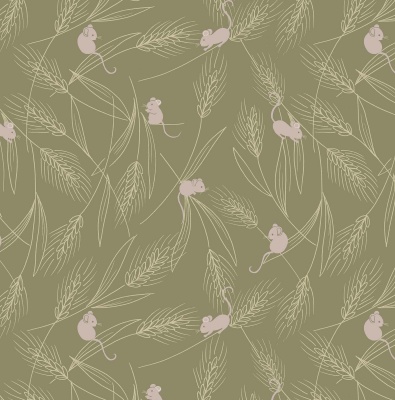 Autumn Fields Barley Mice on Country Green Cotton