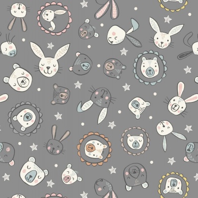 Bella Bunny & Bear, Bella & Bear Faces on Dark Grey Cotton