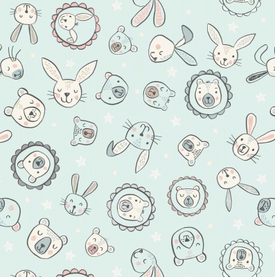 Bella Bunny & Bear, Bella & Bear Faces on Pale Blue Cotton