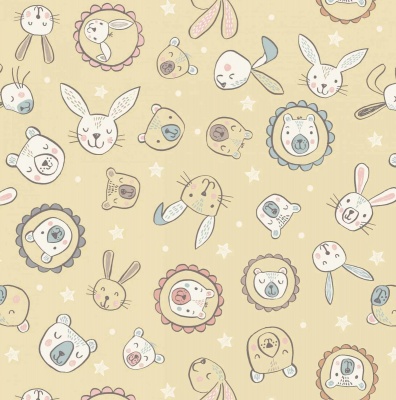 Bella Bunny & Bear, Bella & Bear Faces on Yellow Cotton