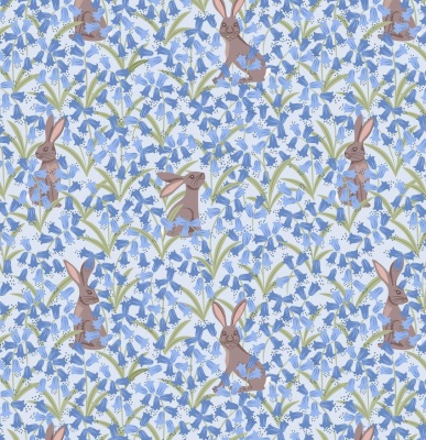 Bluebell Wood Hare on Blue Cotton