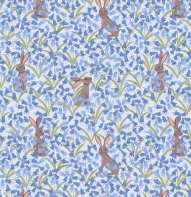 Bluebell Wood Hare on Blue Cotton