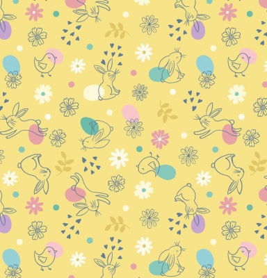 Spring Treats Chicks & Bunnies on Yellow Cotton