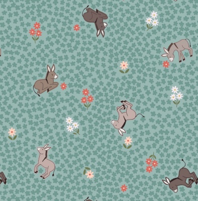 Piggy Tales Dinky Donkeys on Dark Duck Egg Cotton