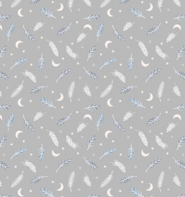Enchanted Feathers & Stars on Grey with Silver Metallic Cotton