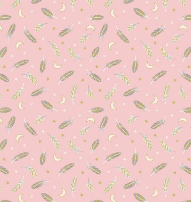 Enchanted Feathers & Stars on Pink with Gold Metallic Cotton