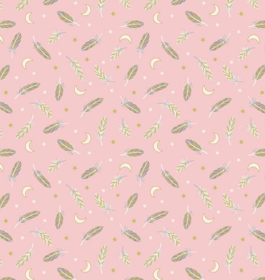 Enchanted Feathers & Stars on Pink with Gold Metallic Cotton