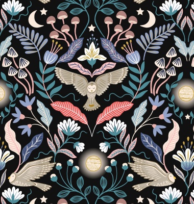 Enchanted Owl on Midnight with Gold Metallic Cotton