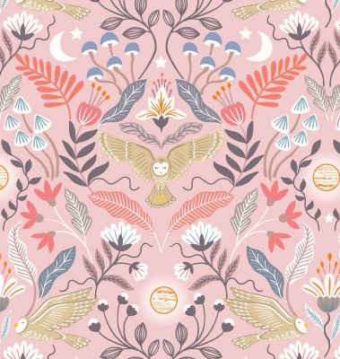 Enchanted Owl on Pink with Copper Metallic Cotton