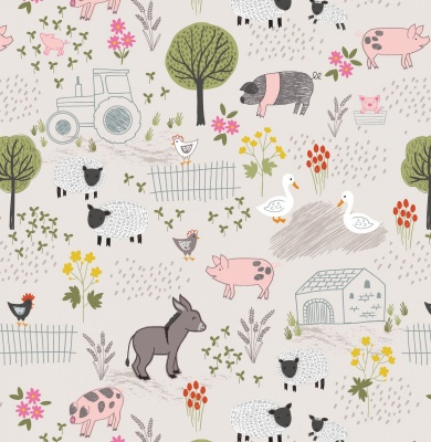 Piggy Tales Farmyard on Dark Cream Cotton