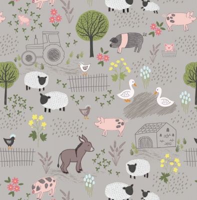 Piggy Tales Farmyard on Mid Grey Cotton
