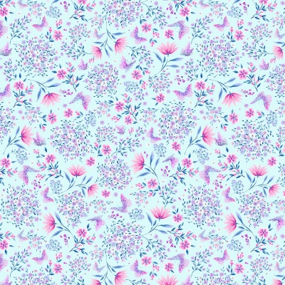 Fly By Butterfly Flower Medley Blue Cotton