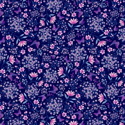 Fly By Butterfly Flower Medley Navy Cotton