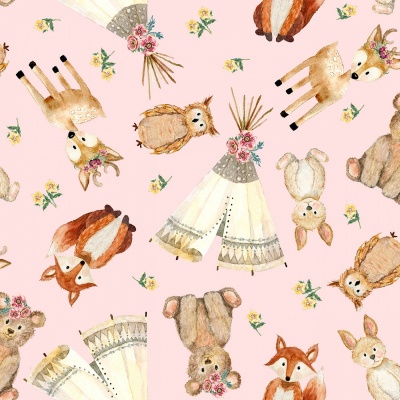 Forest Friends Pink Tossed Animals Cotton