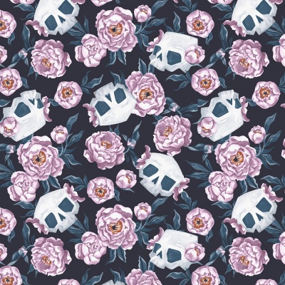 Toil & Trouble Graphite Skull Floral Cotton