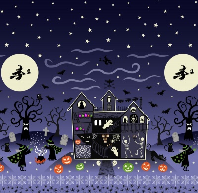 Haunted House Spooky Blue Glow in the Dark Haunted House Double Border Cotton