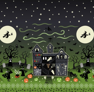 Haunted House Green Glow in the Dark Haunted House Double Border Cotton
