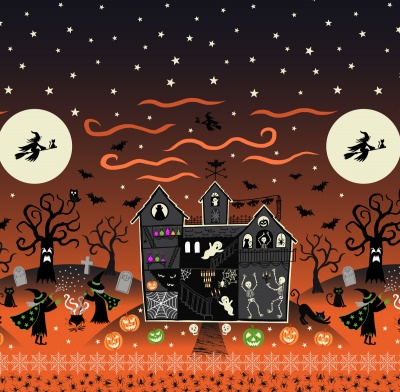 Haunted House Orange Glow in the Dark Haunted House Double Border Cotton