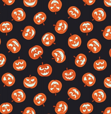 Haunted House Glow in the Dark Pumpkin Faces on Black Cotton
