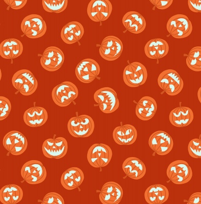 Haunted House Glow in the Dark Pumpkin Faces on Orange Cotton