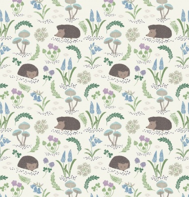 Bluebell Wood Hedgehog on Cream Cotton