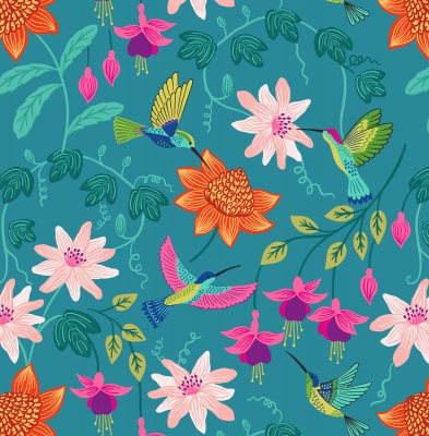 Hibiscus Hummingbird large floral on Tropical Blue Cotton