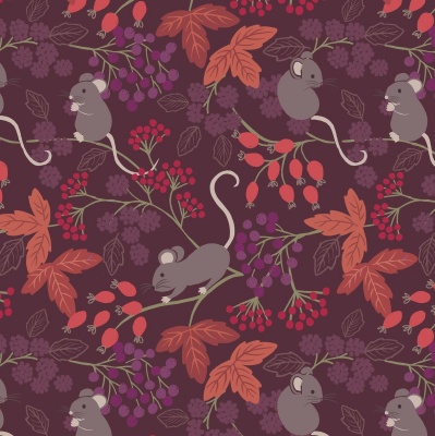 Autumn Fields Mice with Berries on Dark Berries Cotton
