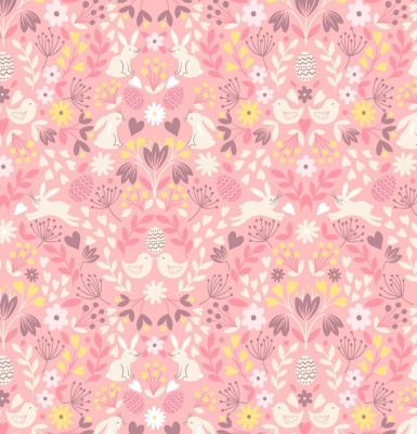 Spring Treats Mirrored Chicks & Bunnies on Rose Pink Cotton