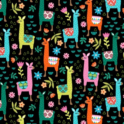 Painted Llamas Black Cotton