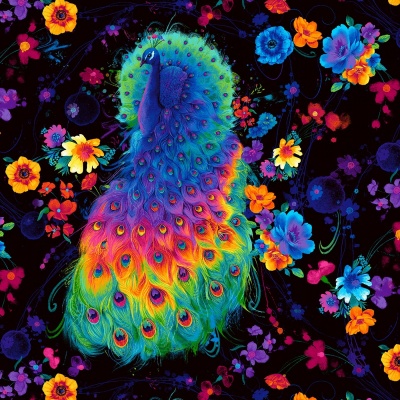 Rainbow Peacock and Flowers Cotton
