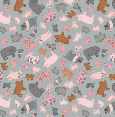 Piggy Tales Piggies on Grey Cotton