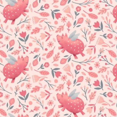 Porkopolis Pigs and Flowers Pink Cotton