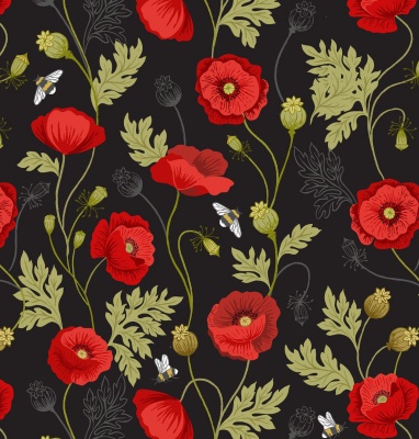 Poppies Poppy & Bee on Black Cotton