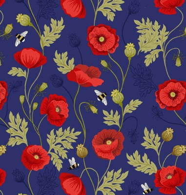 Poppies Poppy & Bee on Blue Cotton