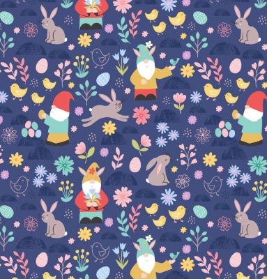 Spring Treats Spring Gnomes on Dark Blue Cotton