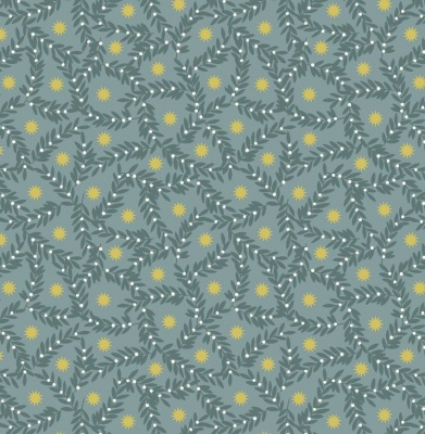 Noel Metallic Gold Star and Berries on Blue Cotton