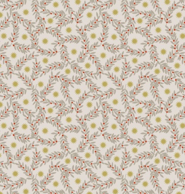 Noel Metallic Gold Star and Berries on Natural Cotton