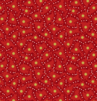 Noel Metallic Gold Star and Berries on Red Cotton