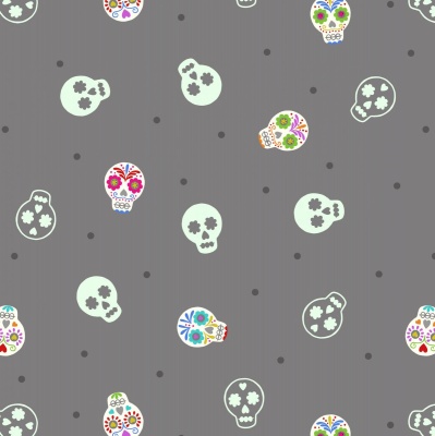 Small Things Sugar Skulls on Grey Cotton