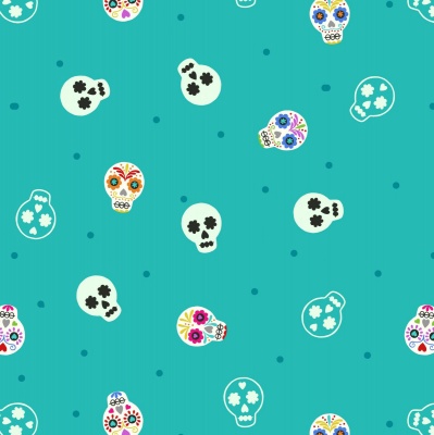 Small Things Sugar Skulls on Turquoise Cotton