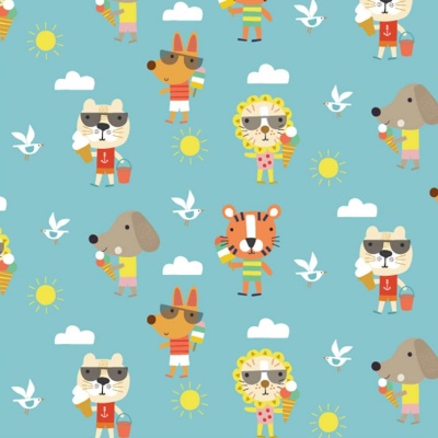 Summer Fun Animals Turquoise Cotton