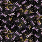 Black Dancing Dragonflies Metallic Cotton