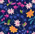 Hibiscus Hummingbird large floral on Dark Blue Cotton