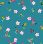 Hibiscus Hummingbird Scattered Hummingbirds on Tropical Blue Cotton