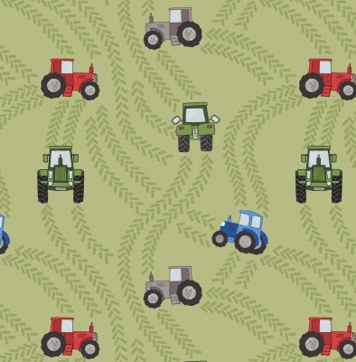 Piggy Tales Tractor Trails on Green Cotton