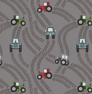 Piggy Tales Tractor Trails on Muddy Grey Cotton