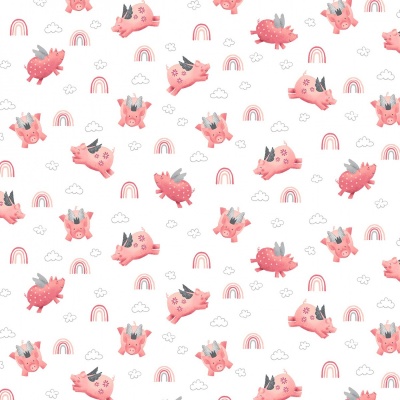 Porkopolis Flying Pigs and Rainbows White Cotton